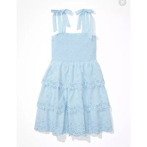American Eagle Blue 100% Cotton Eyelet‎ Tiered Sleeveless Summer Mini Dress XL